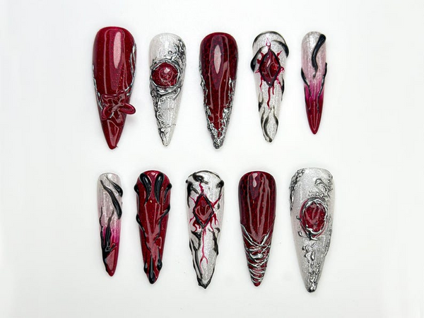 Vampire Red Gothic Press On Nails | Gothic Nail Art Set | Silver Blood Magic Nails | Dark Rune Design Press Ons | 3D Fantasy Nails | JC863HC