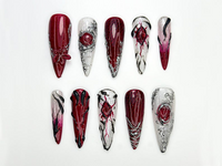 Vampire Red Gothic Press On Nails | Gothic Nail Art Set | Silver Blood Magic Nails | Dark Rune Design Press Ons | 3D Fantasy Nails | JC863HC