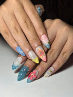 Pastel Ocean Press On Nails with 3D Flower and Seashell | Tropical Beach Nails in Almond Shape | Summer Vacation Nails for Holiday| HC1311NC