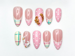 Cute Cat Pink Press On Nails | 3D Kitty Nail Art | Kawaii Pastel Plaid Nails | Handmade Character Nails | Soft Girl Cat Press Ons | JB323HC