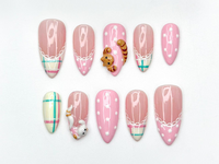 Cute Cat Pink Press On Nails | 3D Kitty Nail Art | Kawaii Pastel Plaid Nails | Handmade Character Nails | Soft Girl Cat Press Ons | JB323HC