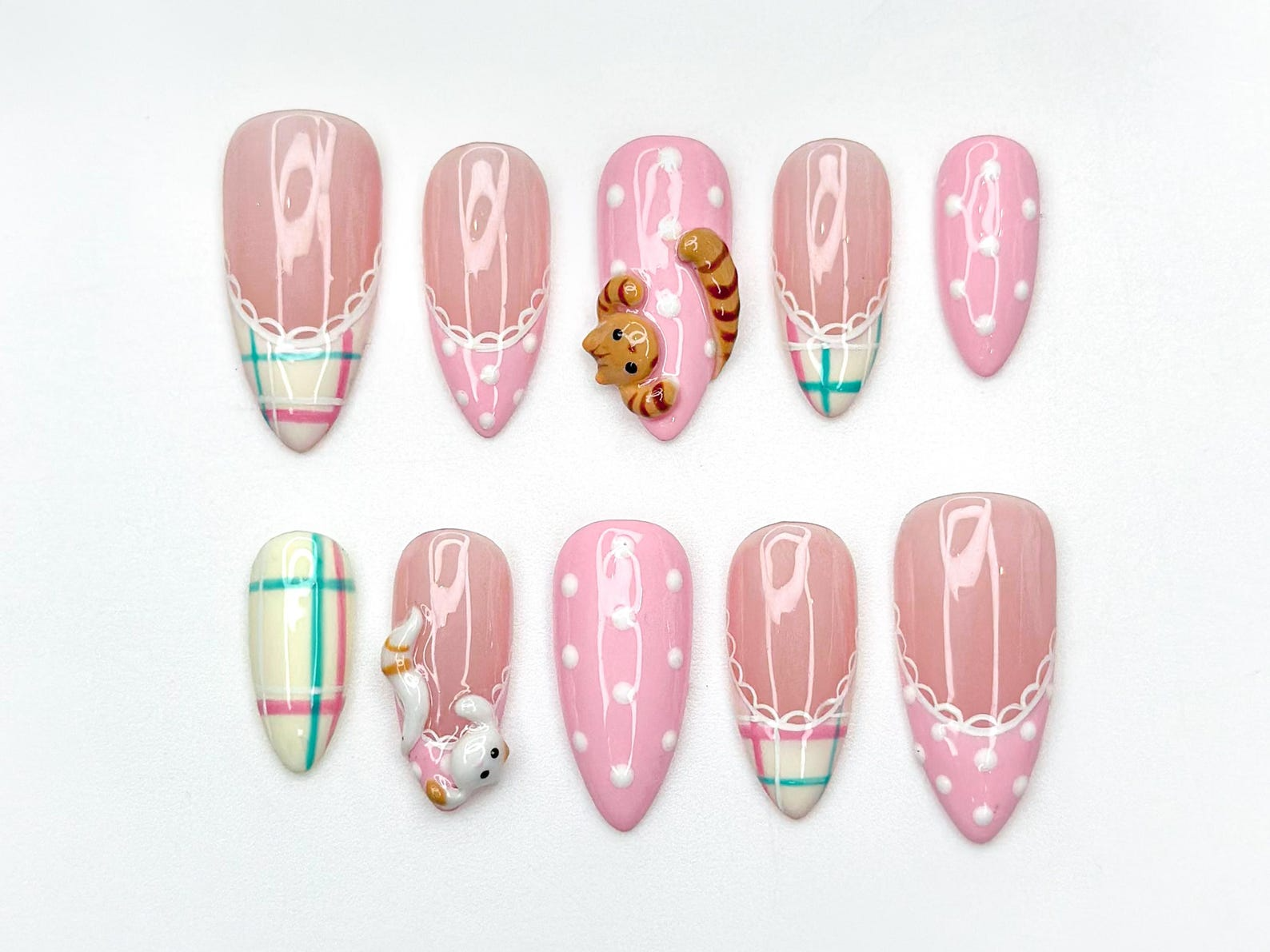 Cute Cat Pink Press On Nails | 3D Kitty Nail Art | Kawaii Pastel Plaid Nails | Handmade Character Nails | Soft Girl Cat Press Ons | JB323HC