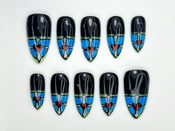 Stained Glass Heart Press On Nails | Blue Black Gothic Nail Art | Hand Painted Window Glass Design | Red Heart Accent Nails | JC846HC