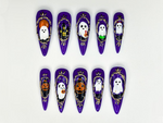 Purple Gothic Halloween Press On Nails | Ghost & Pumpkin Halloween Nail Design| Haunted Mansion Nail | Hand-Painted Spooky Nail Art |JB133HK