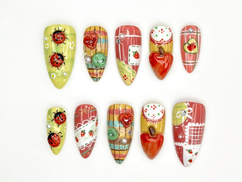 Ladybug, Strawberry Press On Nails | Vintage Strawberry Nail Art |3D Fruit & Plaid Design Nails |Summer Fruit Press Ons |Cute Nails |JB835YK