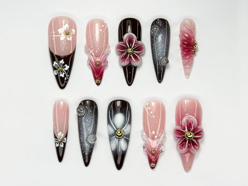 Elegant Red Floral Press On Nails | 3D Red Blossom Nail Set | Elegant Spring Nails | Glossy Floral Nail Set | Dark Glam Nails | JC756HC