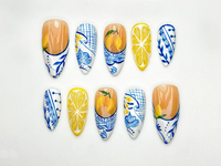 Lemon Garden Press On Nails | Blue White Floral Ceramic Nail Art | Summer Lemon Zest Nails | Fresh Fruit Nails | Fresh Nails | JC934HK
