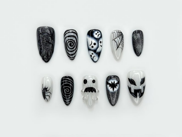 Press on nails for halloween| Black White Gothic Halloween Nails | 3D Ghost & Spider Design | Spooky Night Nail Art | JB197EC