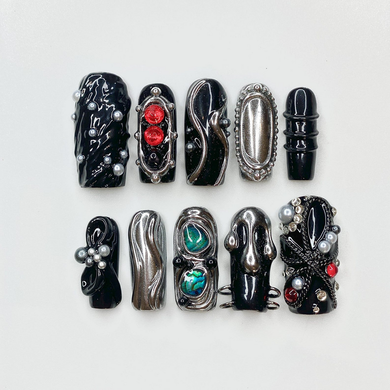 Gothic Black Press On Nails | Dark Silver Nail Art with Red Stones | Handmade Luxury Nails | Statement Gift for Her | HB1255GC