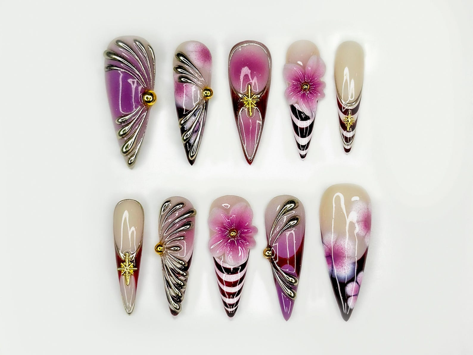 Elegant Violet Floral Press On Nails | Purple Chrome Floral Nails| Elegant Holiday Nails | Luxury Gradient Press Ons | JB211EC