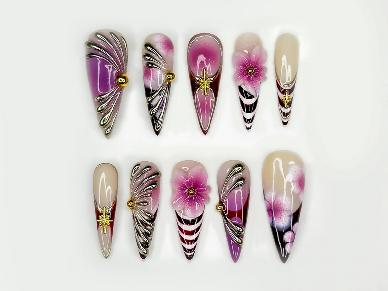 Elegant Violet Floral Press On Nails | Purple Chrome Floral Nails| Elegant Holiday Nails | Luxury Gradient Press Ons | JB211EC