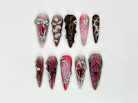 Gothic Metallic Stiletto Nails | Futuristic Metallic and Pink Nails with 3D Designs | Art Deco-Inspired Chrome | 3D Silver Details |JB600HK