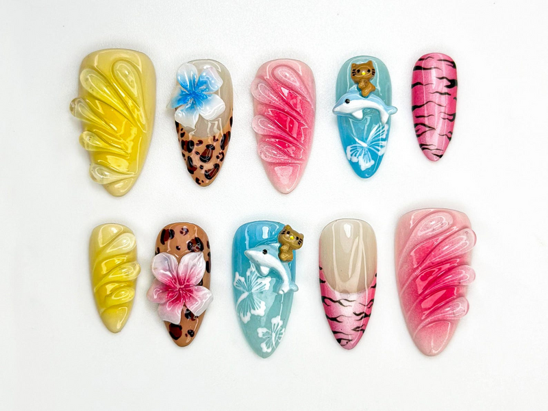 Hello Kitty Safari Press On Nails | Tropical Dolphin, Leopard Print Nails | 3D Kitty & Floral Summer Nails | Y2K Cute Vacation Nail | JB813H
