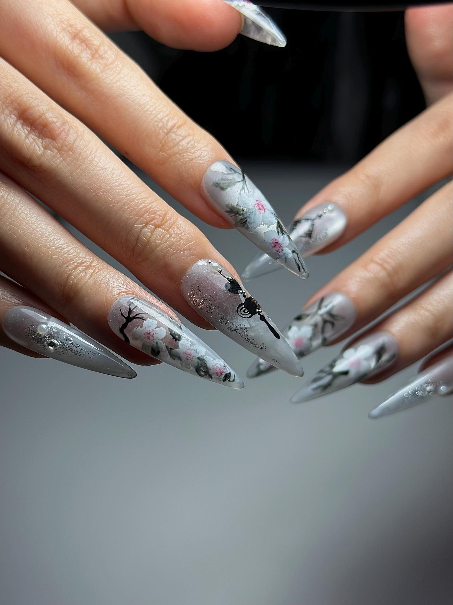 Grey Ombre Floral Press On Nails | Hand Painted Sakura Nail Art | Elegant Stiletto Nails | Japanese Inspired Press Ons | HB1299HC