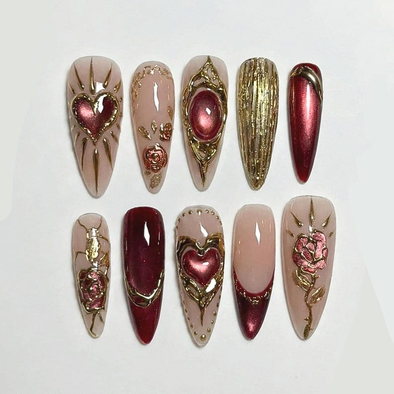 Press On Nails Adhesive Tabs ?M?Nude Burgundy Gold Heart & Rose Chrome Long Stiletto Handmade Fake Nails for Luxury Romantic Look