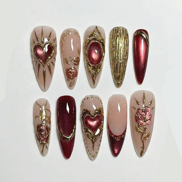 Press On Nails Adhesive Tabs ?M?Nude Burgundy Gold Heart & Rose Chrome Long Stiletto Handmade Fake Nails for Luxury Romantic Look