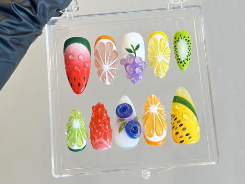 3D Tropical Fruit Press On Nails | Lemon Grape Watermelon Nail Art | Colorful 3D Press Ons | Unique Summer Fake nails |Kawaii Nails |HB947YC