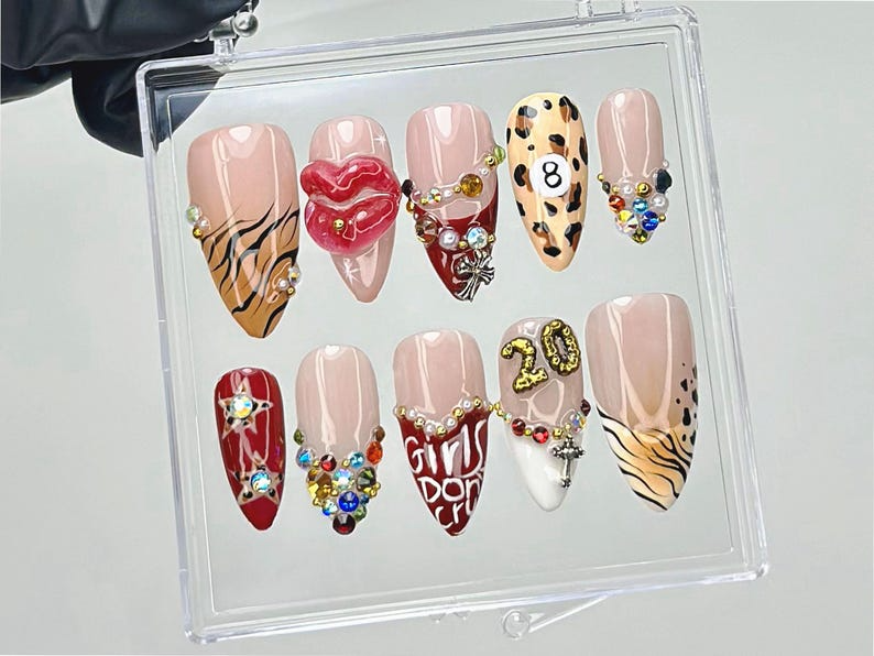 Leopard Rhinestone Press On Nails | Bold Animal Print Fake Nails | Girls Don?M3? Cry Nail Art | 3D Lips & Crystal Press Ons |Nail Art |HB910YK