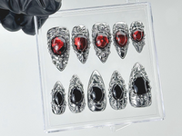 Gothic Vampire Jewel Press On Nails | Red Black Gem Nails with Metal Frame Fake Nails | Black Bloodstone Nail Art | Silver Metal | HB895YC