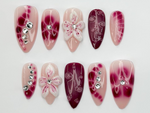 Hand Painted Press On Nails | Floral Accent Nails |3D Flowers - Rhinestone Accents| Perfect for Special Occasions|JB740LK