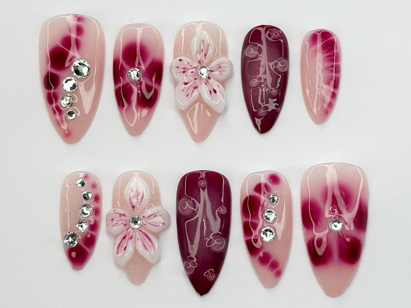 Hand Painted Press On Nails | Floral Accent Nails |3D Flowers - Rhinestone Accents| Perfect for Special Occasions|JB740LK