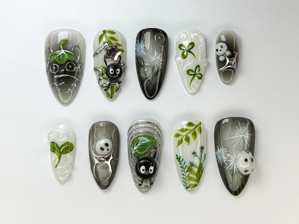Whimsical Forest Totoro Press-On Nails | Totoro-Inspired Handmade Nailss | Totoro & Soot Spirit Nail Design | Handmade Fantasy Nail |JB719HC