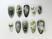Whimsical Forest Totoro Press-On Nails | Totoro-Inspired Handmade Nailss | Totoro & Soot Spirit Nail Design | Handmade Fantasy Nail |JB719HC