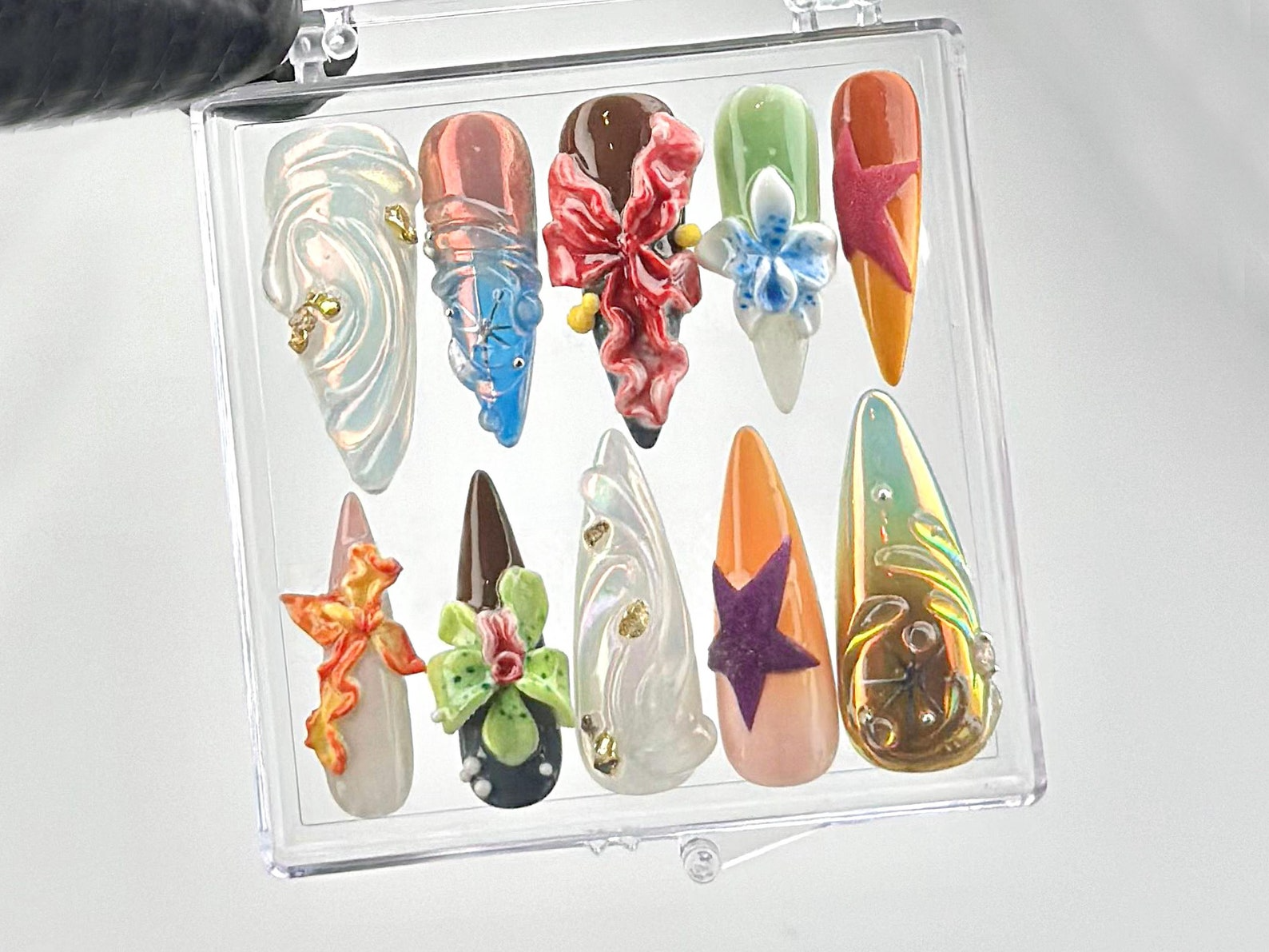 Bespoke 3D Press On Nails | 3D Flowers and Metallic Accents Nail Art | Trendy Sculptural Acrylic Nails | Secret Garden Nail Polish |HB630YV