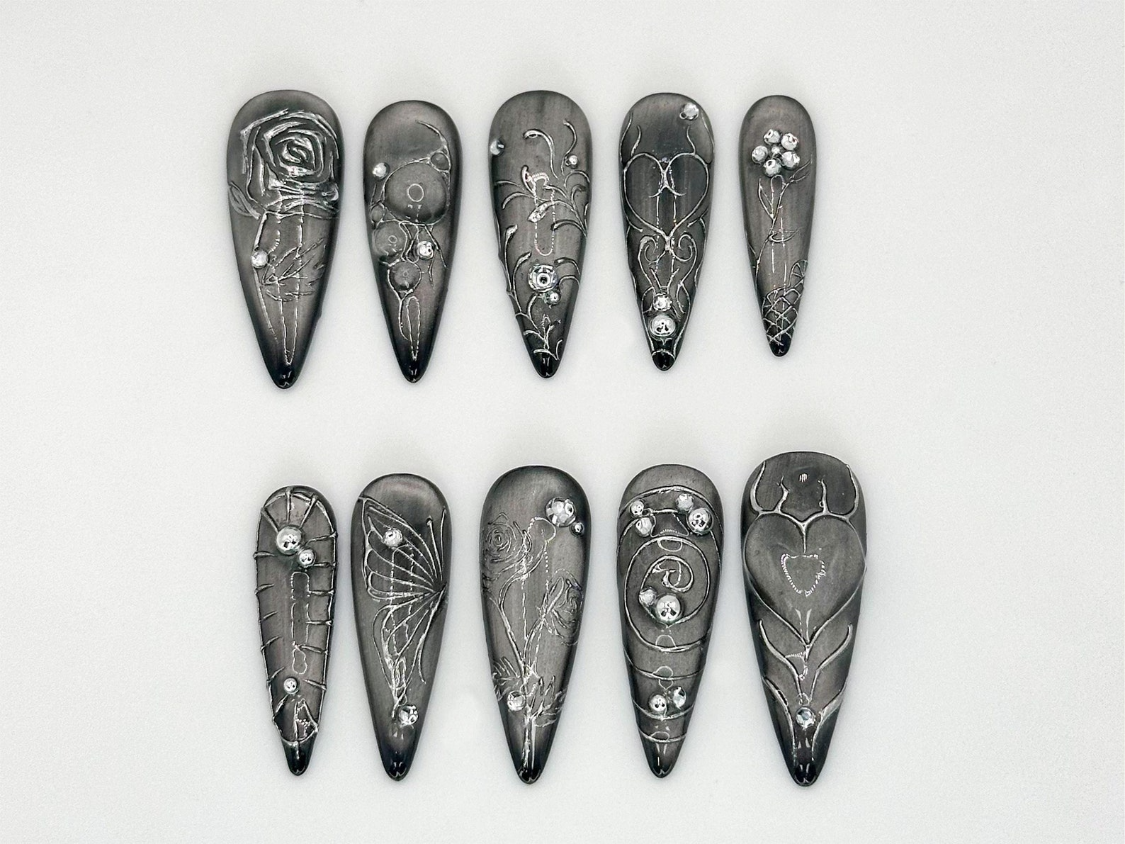 Elegant Silver Gothic Press-On Nails | Intricate Butterfly and Rose Silver Nails | Luxury Silver Gothic | Butterfly & Rose Design | JC630LC