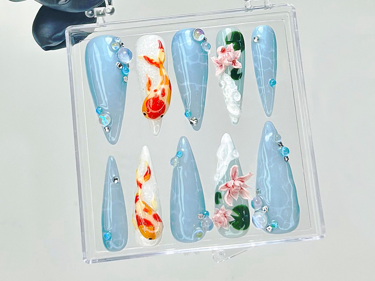 Koi Fish Press On Nails | 3D Water Lily Fake Nails | Japanese Koi Nail Art | Ocean Theme Press Ons | Goldfish & Lotus Nails | HB924YC