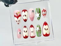 Cute Red Fruit Press On Nails | Kawaii Food Fake Nails | Glossy Custom Nail Art | Apple-Inspired Fake Nails | Kawaii Style Nails | HB858YC