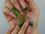 Jungle Safari Glam Press On Nails | Leopard Print & Green Tropical Accents | 3D Gold Chain Detailing | Exotic Safari-Inspired Nail | JC142EC
