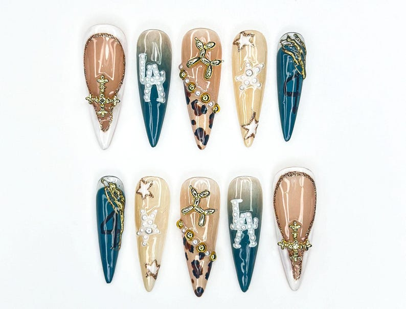 LA Safari Luxe Press On Nails | Western Pearl Letter Nails | Leopard & Cross Charm Nail Art | Glam Cowgirl Vibe | Edgy 3D Stiletto Nail Set