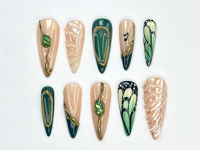 Emerald Butterfly Press On Nails | Nature Inspired Press Ons | Luxurious Green Nail Art | Shimmer Green Nail Set | Luxury Nails | JB758YC