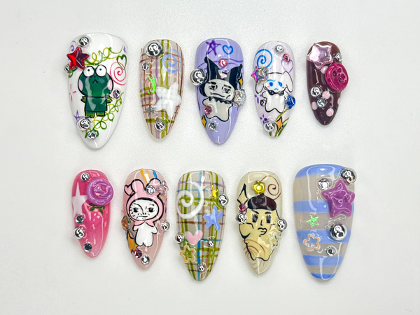 Whimsical Cartoon Pop Press On Nails | Playful Character Nails | Colorful 3D Kawaii Nail Design | Playful Mixed Media Nails | JB779HC