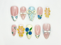 Lace French Tip Press On Nails | Blueberry Floral Nails | Kawaii Vintage Ribbon Nail Art | 3D Bow Pink Press Ons | Pastel Nails | JC886HC