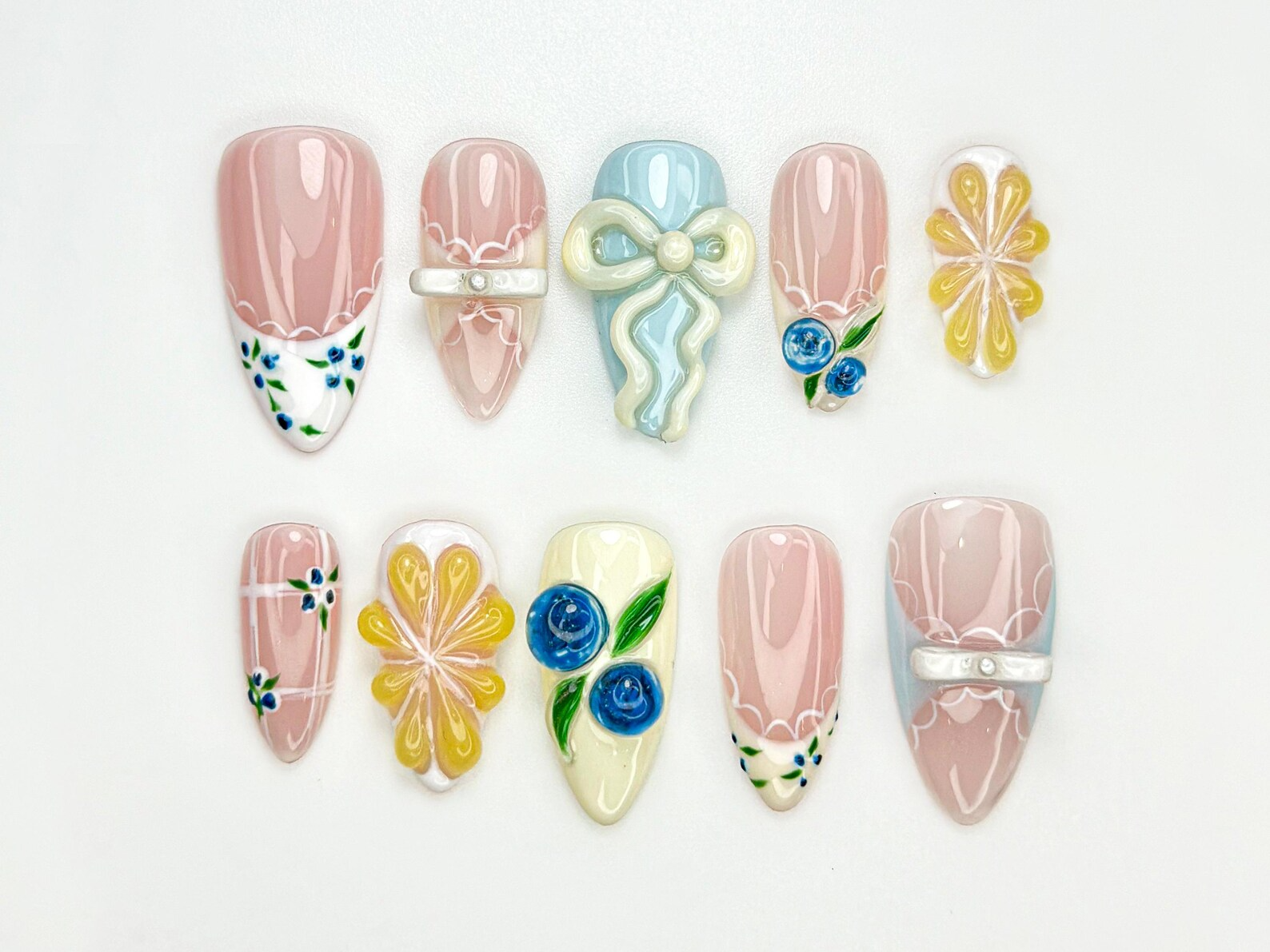 Lace French Tip Press On Nails | Blueberry Floral Nails | Kawaii Vintage Ribbon Nail Art | 3D Bow Pink Press Ons | Pastel Nails | JC886HC
