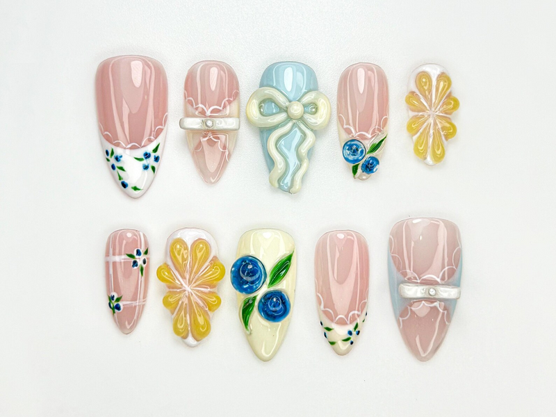 Lace French Tip Press On Nails | Blueberry Floral Nails | Kawaii Vintage Ribbon Nail Art | 3D Bow Pink Press Ons | Pastel Nails | JC886HC