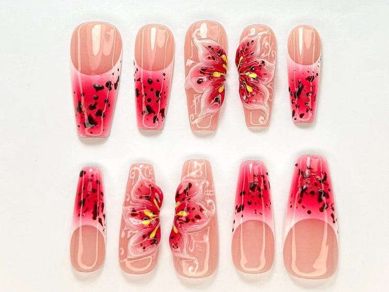 Hot Pink Bloom Press-On Nails | Spring Flower Press Ons | 3D Flowers Fake Nails| Perfect for Special Occasions | Summer Collection |JB768YC