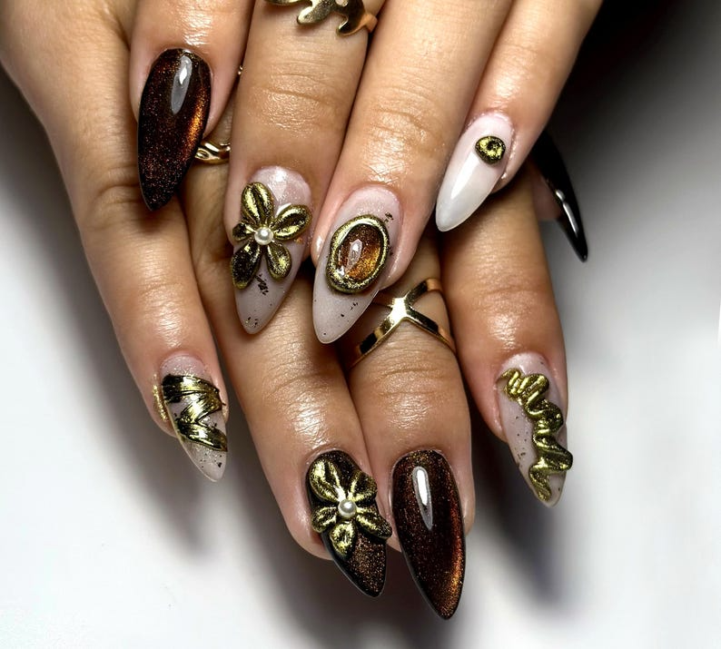 Golden Eclipse Glam Press On Nails | Metallic Brown Cat-Eye Gradient | 3D Gold Floral & Gem Accents | Luxury Handmade Nail Art | JB148EC