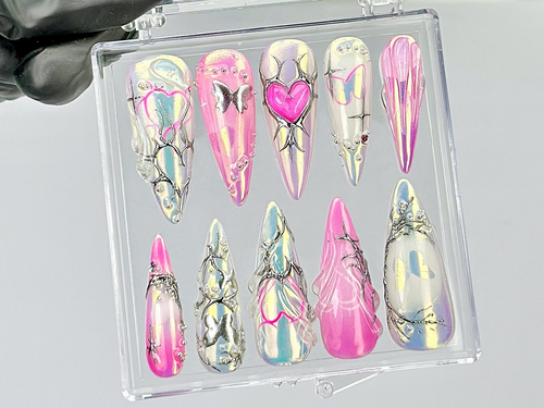 Chrome Pink Heart Press On Nails By DoryNails | Y2K Silver Mirror Design Fake Nails | Iridescent Butterfly Nail Art | Girly Nails| HC817Y