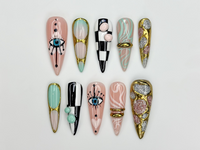 Gilded Luxury Colorful Press On Nails | Eye Art Gold Ring Nails | Handmade Nude Stiletto Nail Art | Luxury Statement Press Ons | JB302EC