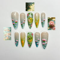 Zen Koi Pond Press On Nails | 3D Lotus Flower & Goldfish Art | Ethereal Ombre Shimmer Nails | Botanical Water Ripple Press Ons | JB361IC