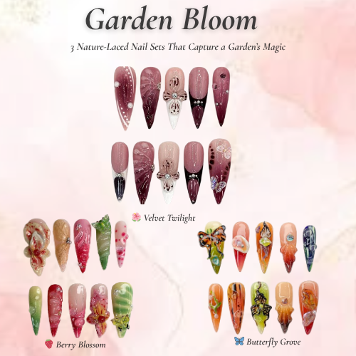 Garden Bloom Nail Bundle | 3 Nature-Inspired Press On Sets | Velvet, Berry, Butterfly Designs| DB102L