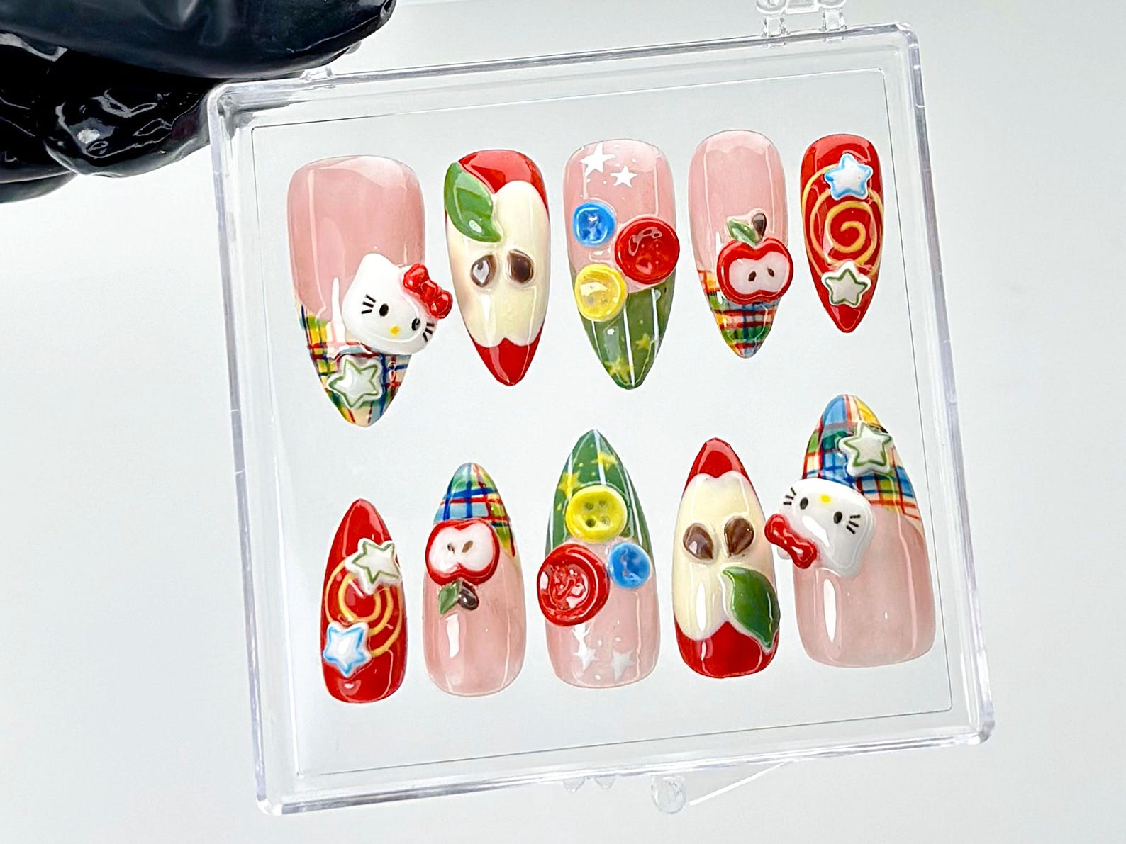 Hello Kitty Apple Press On Nails | Kawaii Cartoon Fake Nails | Fun 3D Fruit Nail Art | Playful Japanese Nails | Kawaii Nails | HB904YK