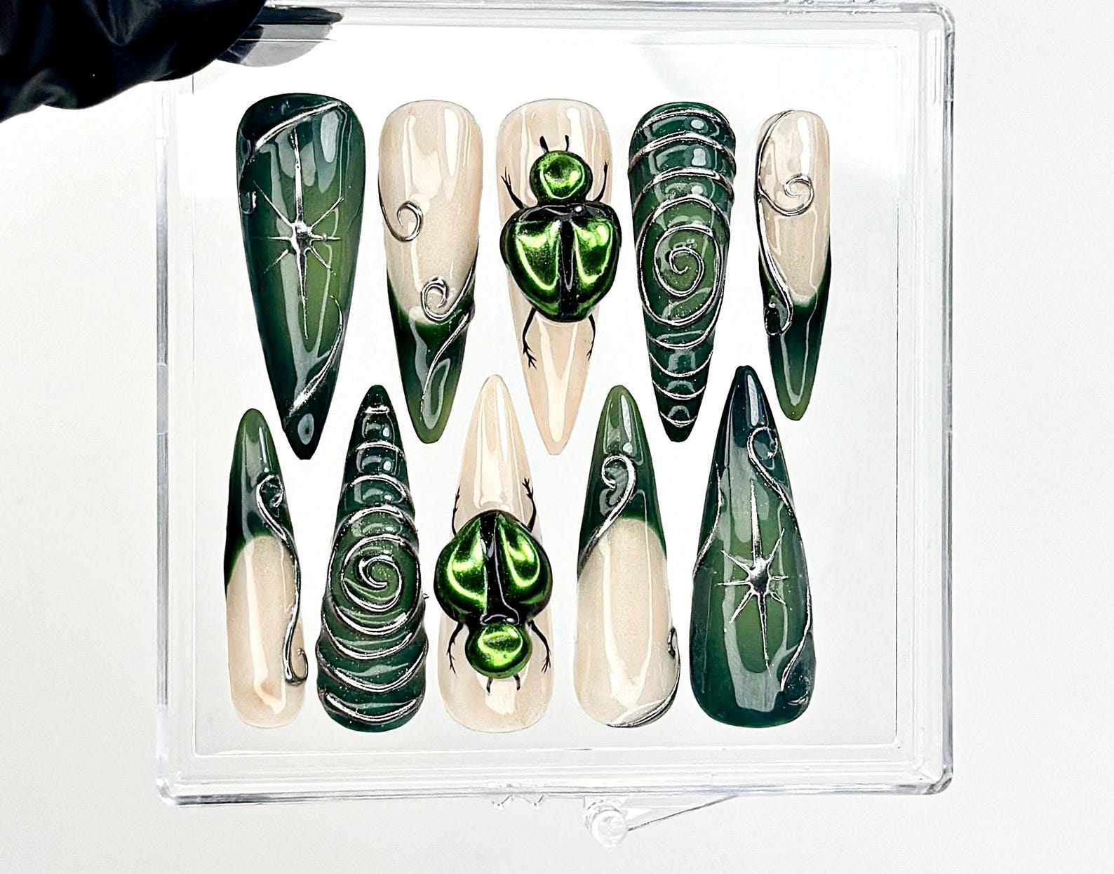 Gothic Green Press On Nails | Spider Web Nail Art | Dark Forest Vibes | Beetle 3D Design | Forest & Spider Web Details | HC963E