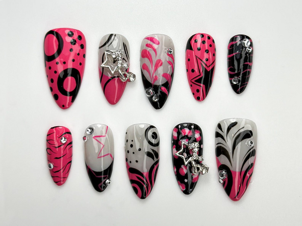 Y2K Hot Pink Press On Nails | Retro Pop Art Nail Set | Black & Pink Graphic Nails with Star Charms | Y2K Vibes Acrylic Press Ons | JC795HK