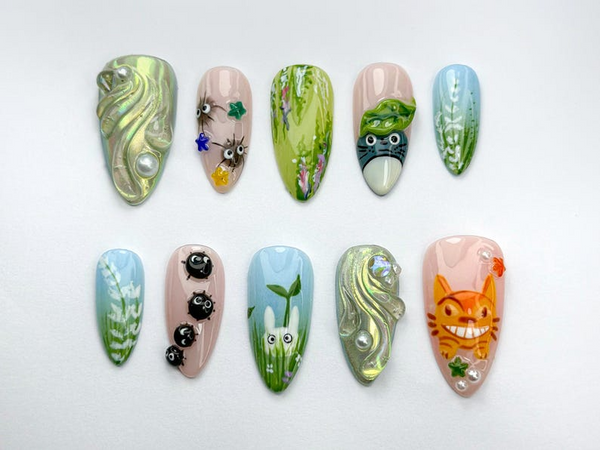Whimsical Totoro Press On Nails | Ghibli Totoro & Friends Nail Set | Forest Spirit And Soot Sprite Set | Handmade Totoro Nail Art | JB742HC