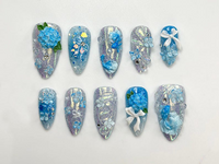 Iridescent Blue Garden Press On Nails | 3D Floral Glitter Nails | Elegant Blue Press On Nails | Handmade Romantic Bridal Set | JB774HC