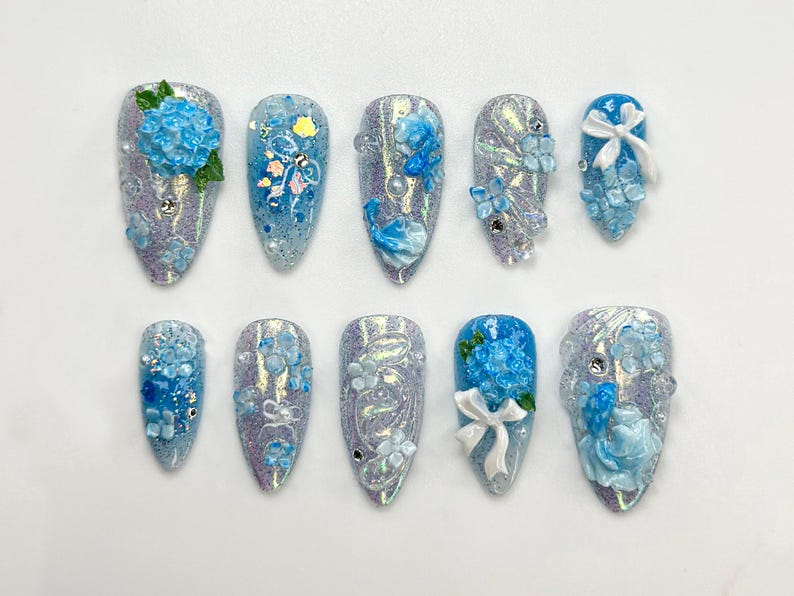 Iridescent Blue Garden Press On Nails | 3D Floral Glitter Nails | Elegant Blue Press On Nails | Handmade Romantic Bridal Set | JB774HC
